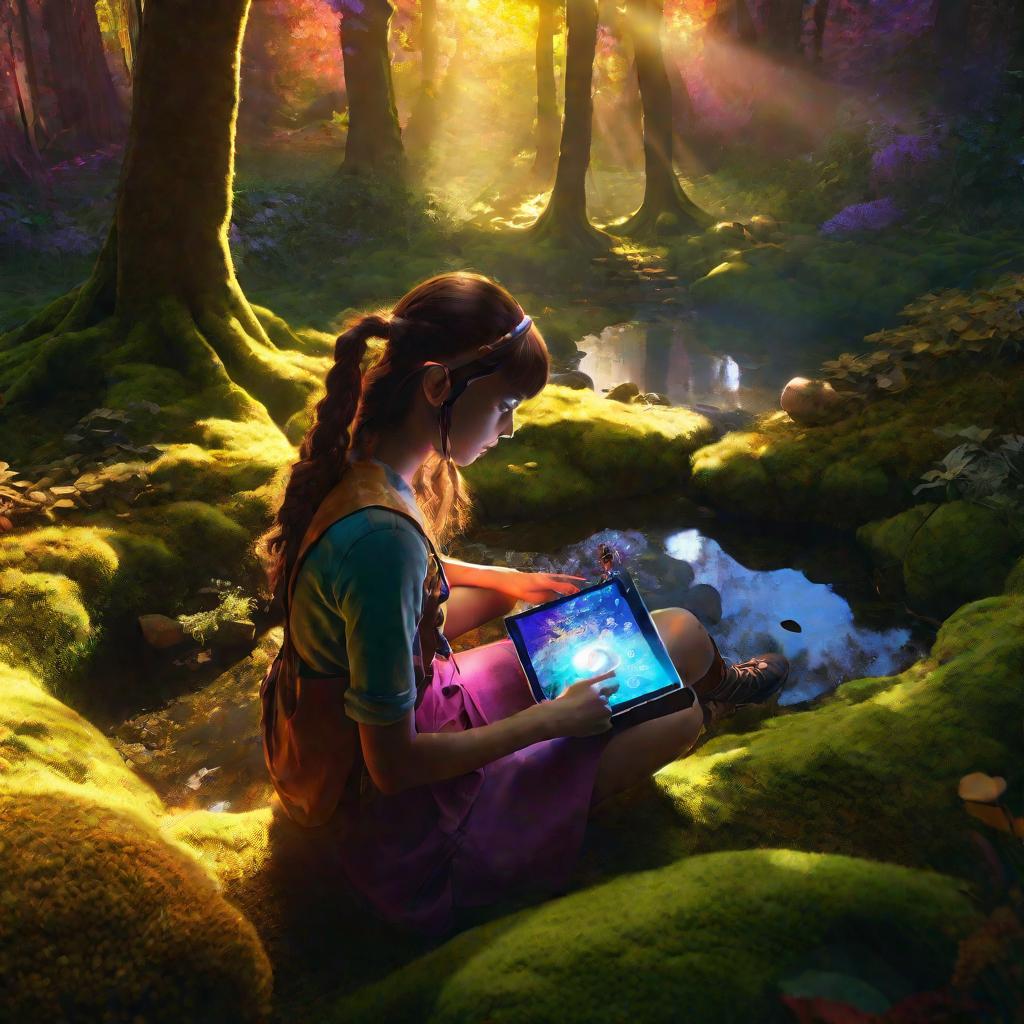 Девушка играет в игру на планшете в лесу