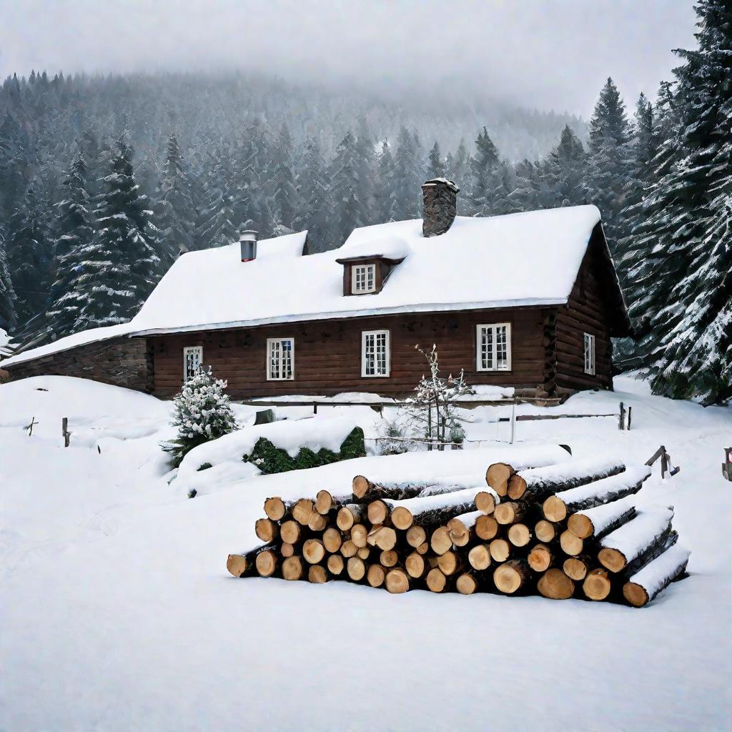 Бревна перед домом, деревня, зима