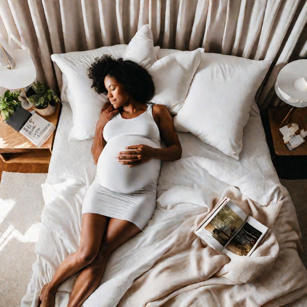 Беременная читает книгу, лежа в постели