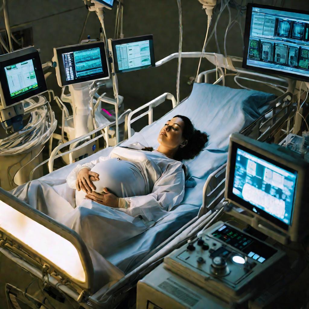 Беременная женщина в больничной палате в окружении врачей