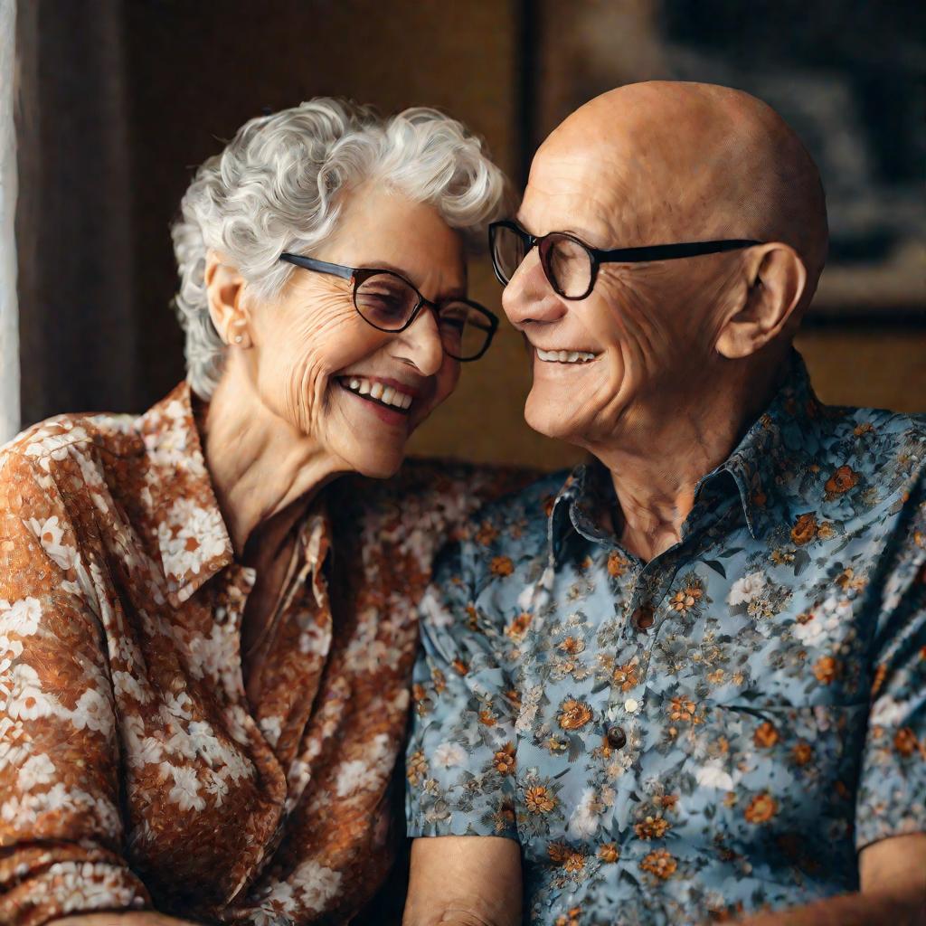 Пожилая пара смотрит друг на друга и улыбается