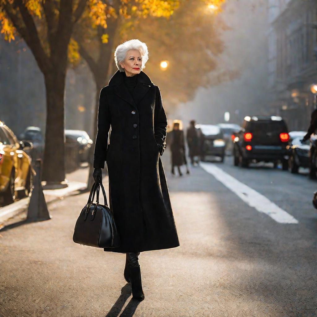 Элегантная женщина в длинном черном пальто, юбке карандаш и сумке идет по улице на рассвете осенью