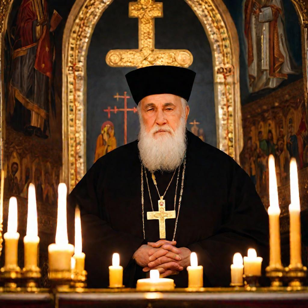 Пожилой бородатый православный священник в черной рясе на фоне церковного алтаря с крестом, иконами и горящими свечами