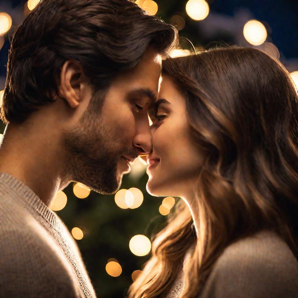 Молодые мужчина и женщина с любовью смотрят друг на друга на фоне рождественских огней