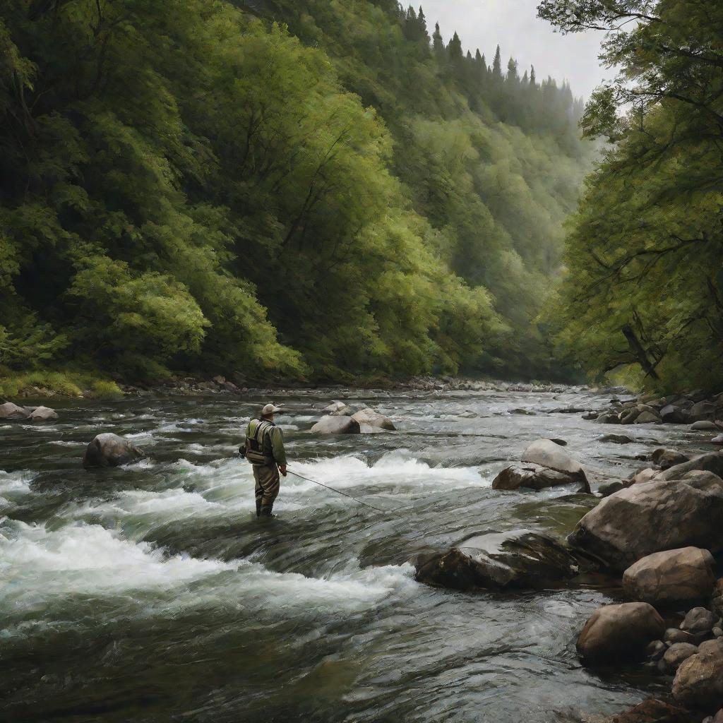 Рыболов ловит воблер на перекате реки в окружении зеленых деревьев в пасмурный день, он в вейдерсах и рыболовном жилете.