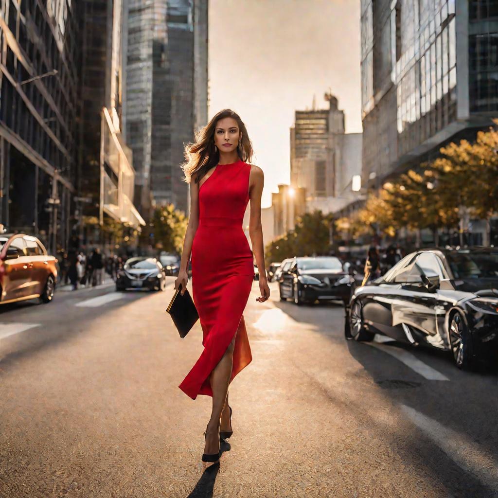 Девушка в красном асимметричном платье идет на корпоратив
