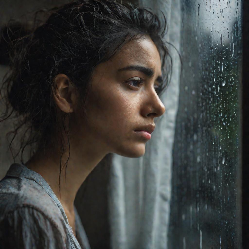 Бедная девушка с тревожным взглядом смотрит в окно в дождливый день