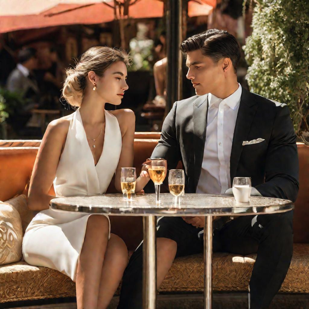 Богатый парень и бедная девушка за столиком ресторана смотрят друг на друга