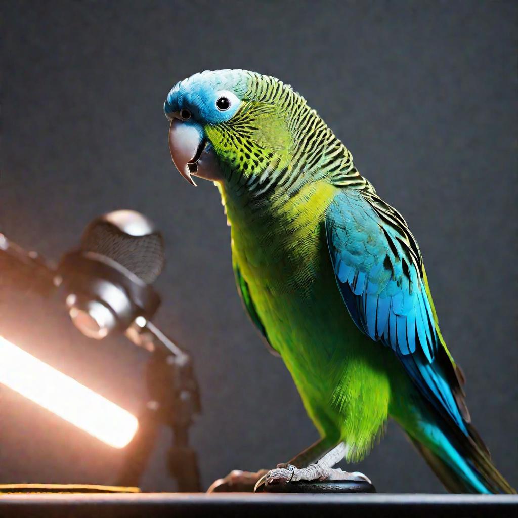 Попугай говорит в микрофон в студии.