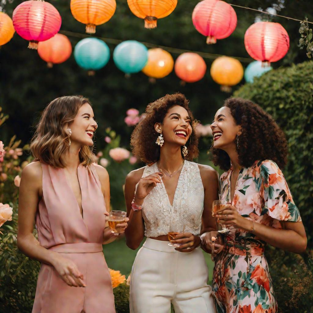 Три модных девушки беседуют на вечеринке в саду