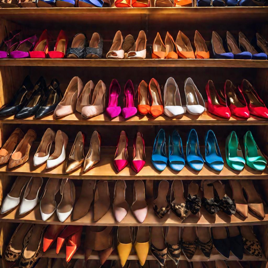 Вид сверху на аккуратно разложенную по деревянным полкам в освещенном магазине разнообразную женскую обувь - каблуки, сандалии, ботинки, кроссовки в разных цветах.