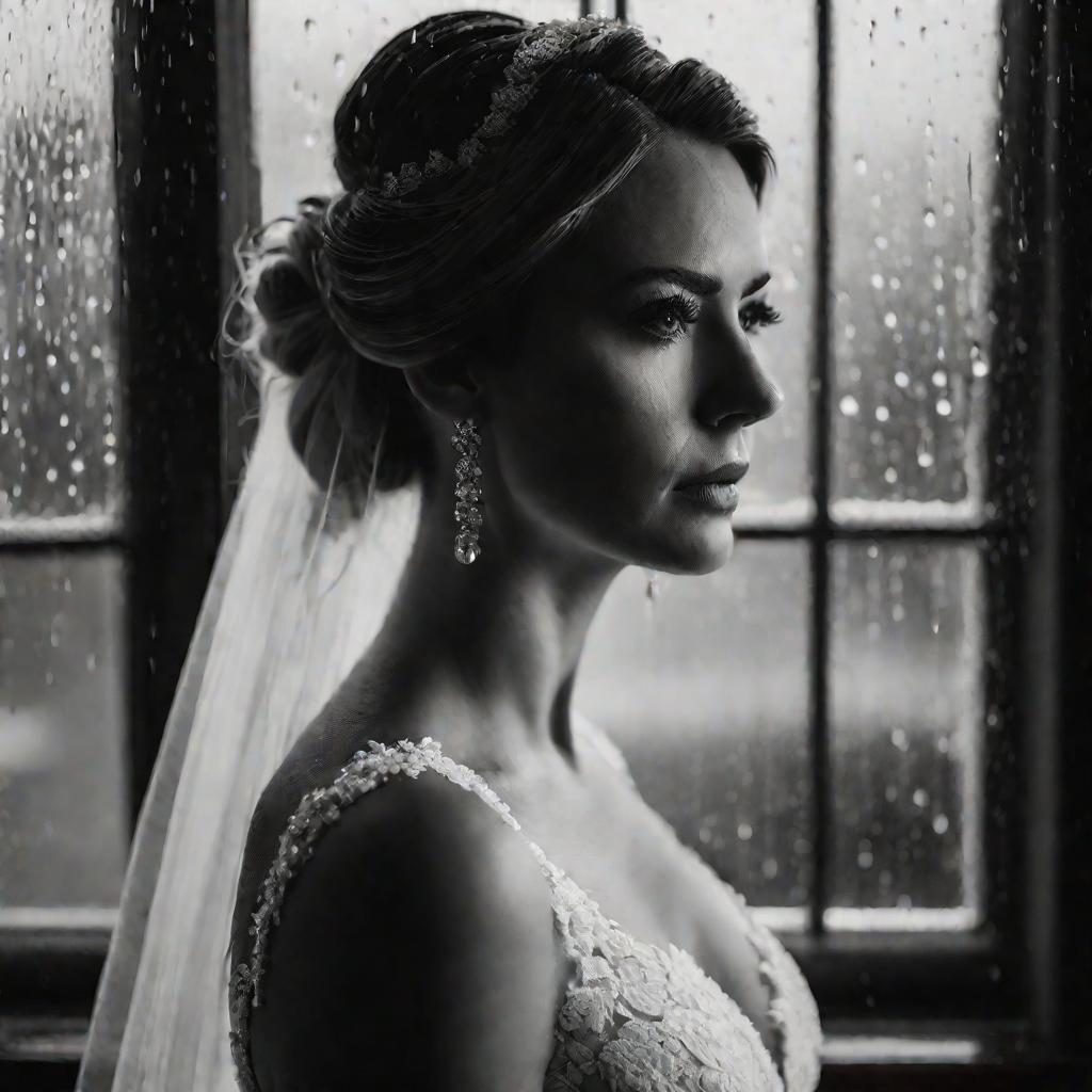 Крупный план портрета невесты в черно-белом кружевном свадебном платье, задумчиво смотрящей в окно, по которому стекают капли дождя в туманный день. Ее лицо спокойно и довольно, мягкий рассеянный свет проникает в комнату сквозь окно.