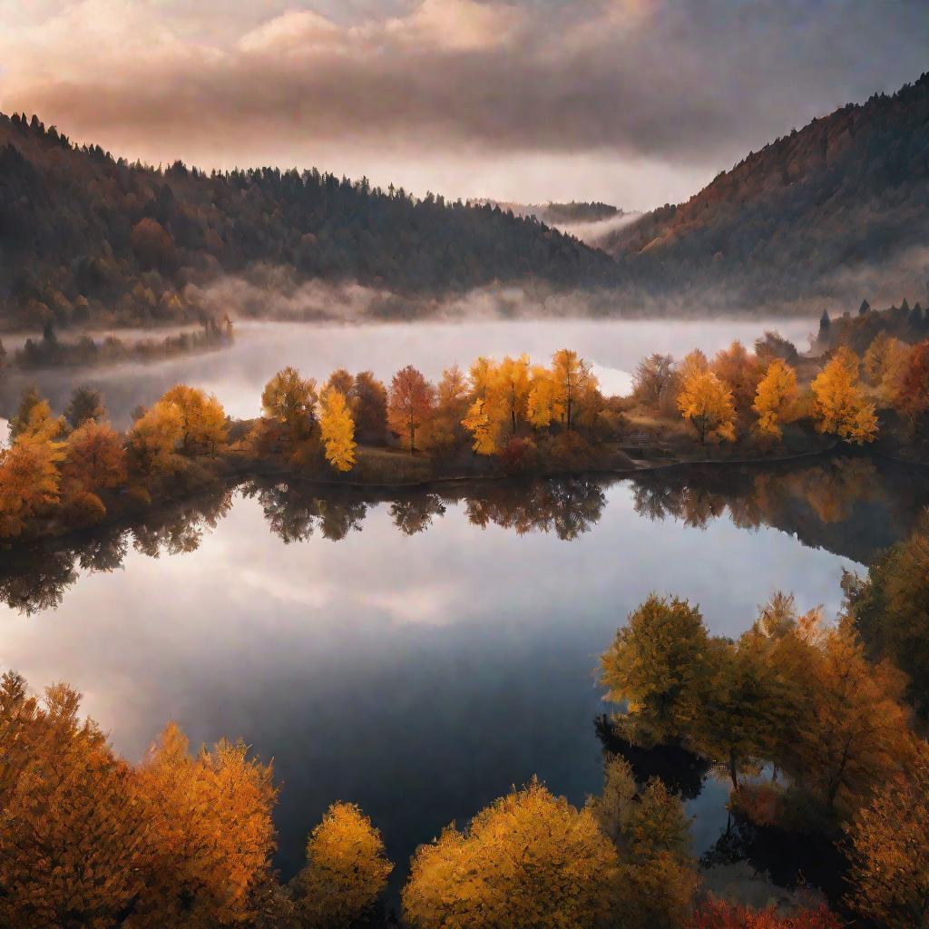 Широкий вид горного озера в тумане на рассвете осенью
