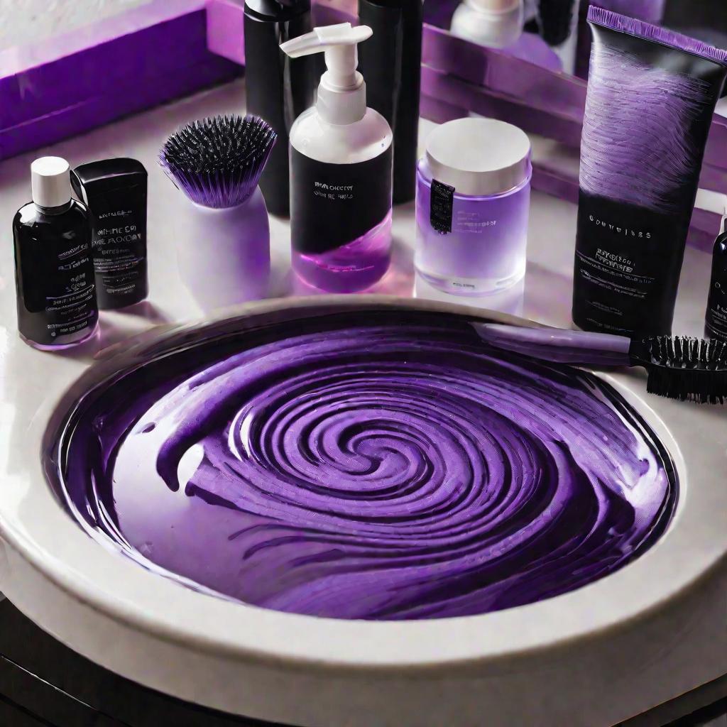 Волосы в раковине салона в растворе фиолетового тонера