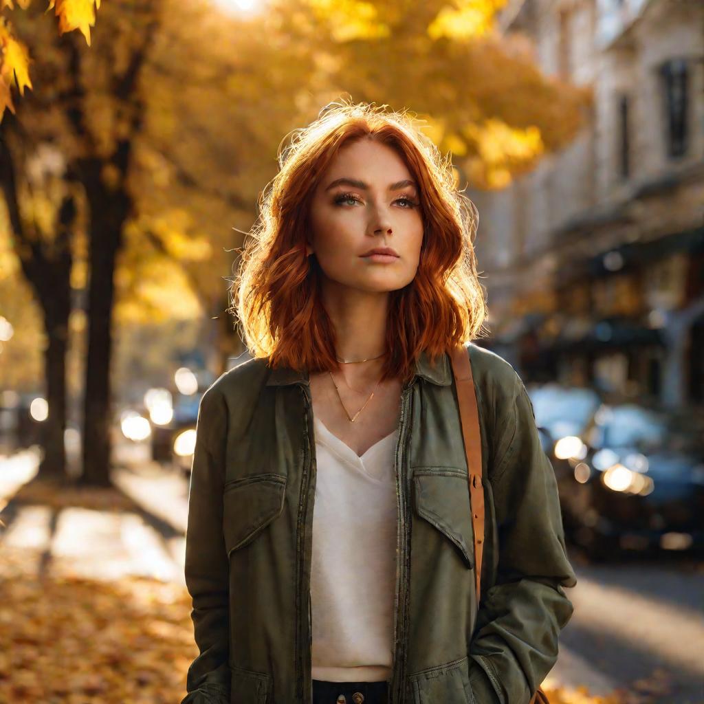 Девушка с рыжими волосами средней длины идет по улице осенью