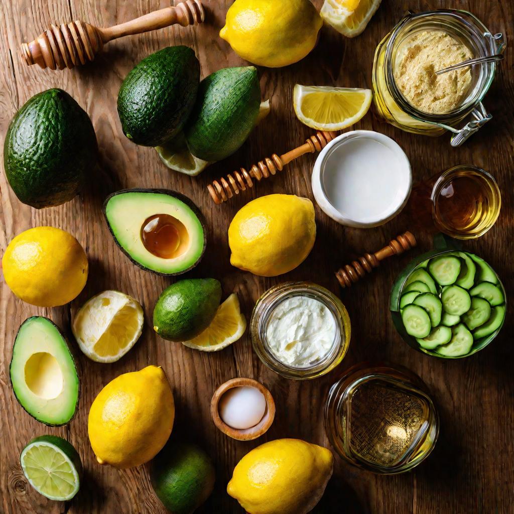 Ингредиенты для приготовления омолаживающих масок для лица: лимоны, огурцы, авокадо, мед и яйца.
