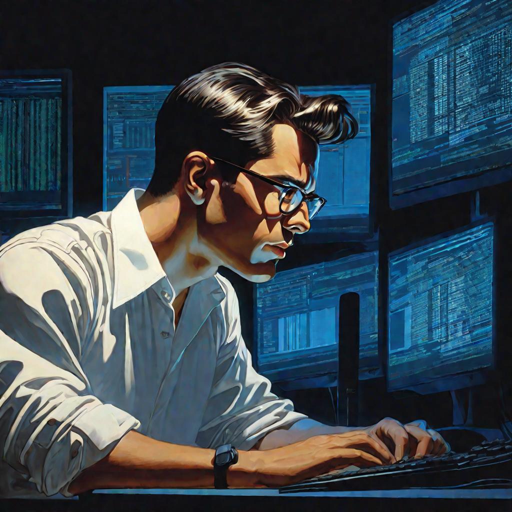 Портрет задумчивого мужчины в очках, смотрящего на строки кода.