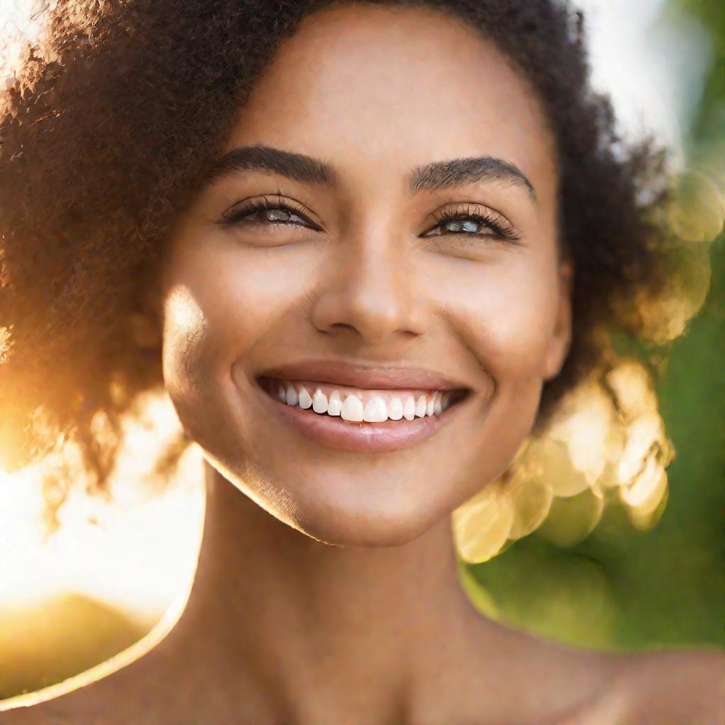 Портрет женщины с сияющей улыбкой на фоне природы после чистки лица ультразвуком