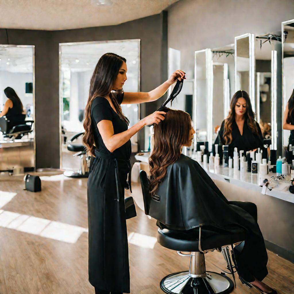Женщина с длинными каштановыми волосами сидит в кресле парикмахерской. Мастер аккуратно наращивает ей волосы
