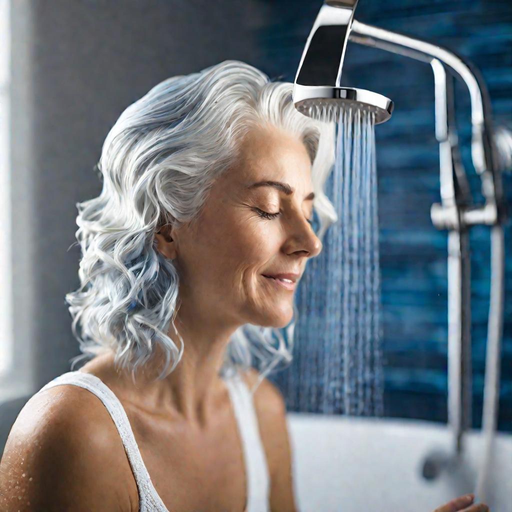 Та же девушка ополаскивает волосы с нанесенной на них пенкой для волос под струей воды из душа в голубой ванной комнате в солнечное утро