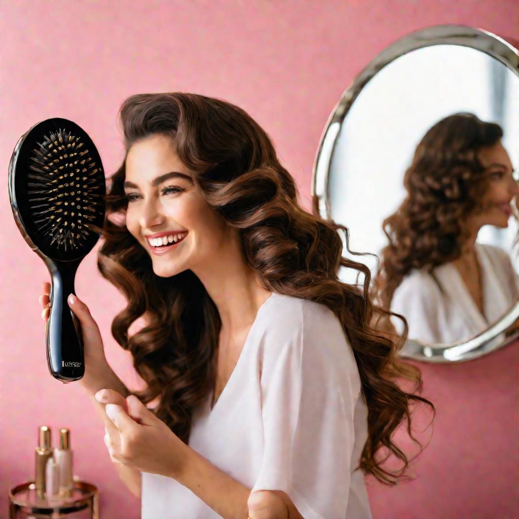 Женщина укладывает длинные волнистые каштановые волосы большой круглой щеткой в светлом парикмахерском зале в субботу днем