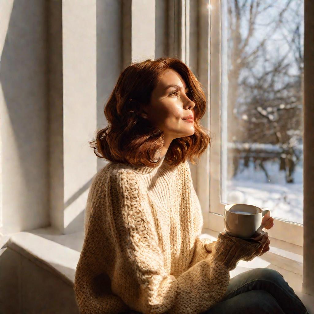 Женщина средней длины волос сидит у окна зимним утром