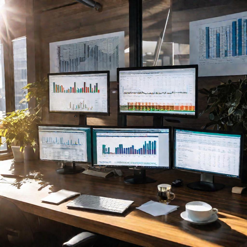 Рабочий стол с компьютерами и финансовыми данными в офисе