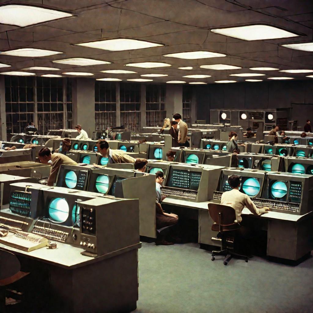 Вид сверху на компьютерную лабораторию университета 1960х годов. Студенты работают с большими компьютерами.