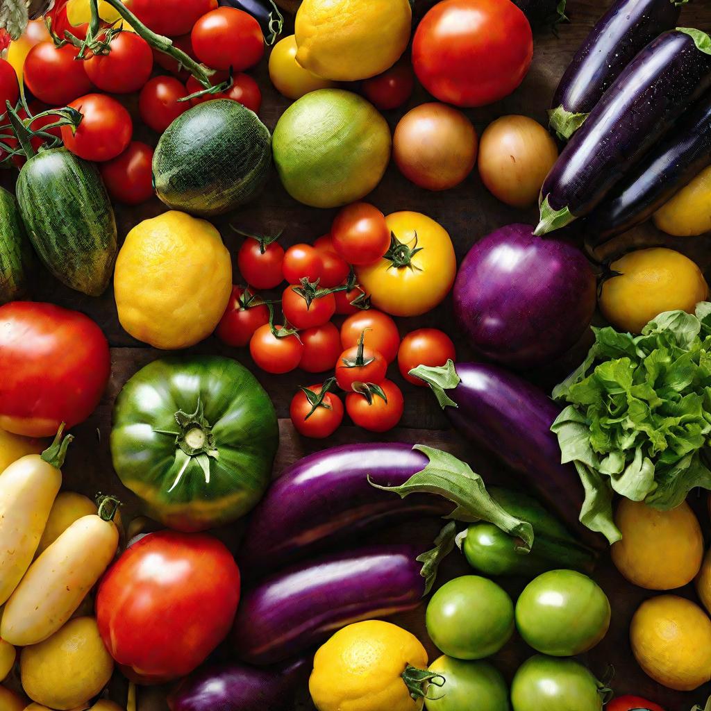 Лоток на фермерском рынке, заваленный разноцветными овощами и фруктами