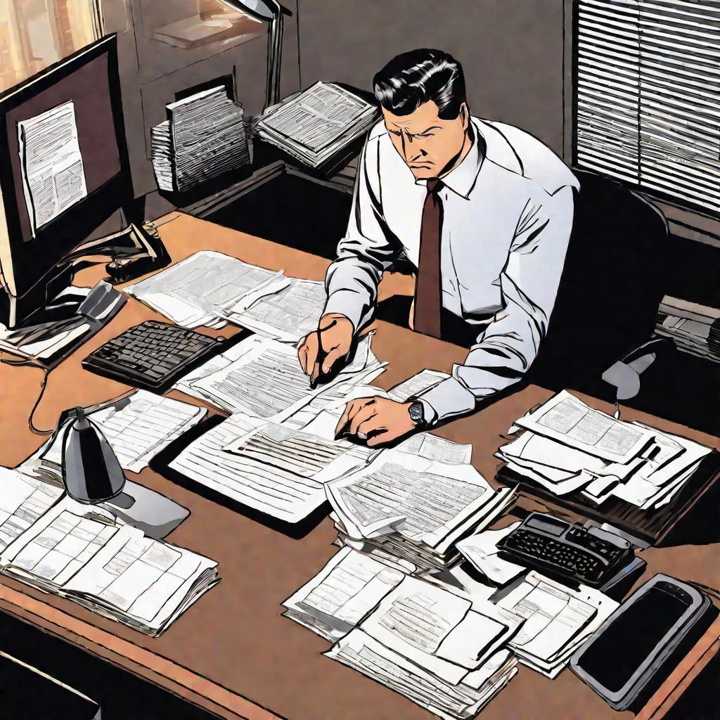 Начальник вечером проверяет отчеты за столом в офисе