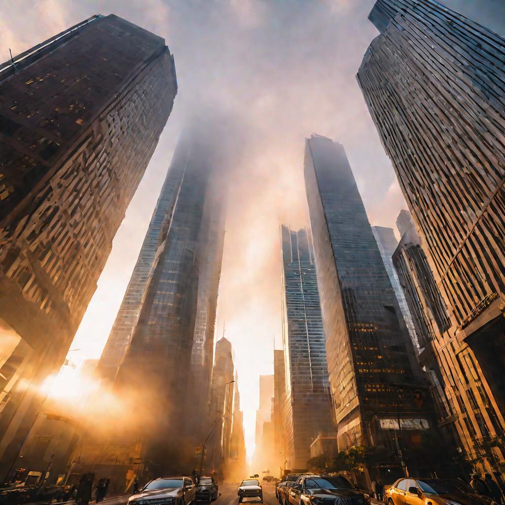 Городские небоскребы в тумане на закате