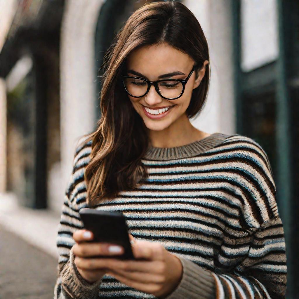 Крупный портрет модно одетой молодой женщины, пристально смотрящей в экран смартфона и улыбающейся, символизирующий рост цифрового маркетинга и персонализации. У нее прямые каштановые волосы, полосатый свитер, джинсы и черные очки. Освещение мягкое, выраж