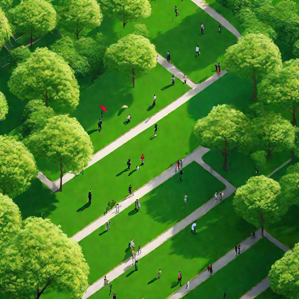 Вид сверху на зеленый парк с дорожками для прогулок и деревьями в солнечный весенний день, символизирующий рост этичного и экологически ориентированного маркетинга. Деревья в пышной зеленой листве, люди гуляют по парку. Освещение яркое и живое.