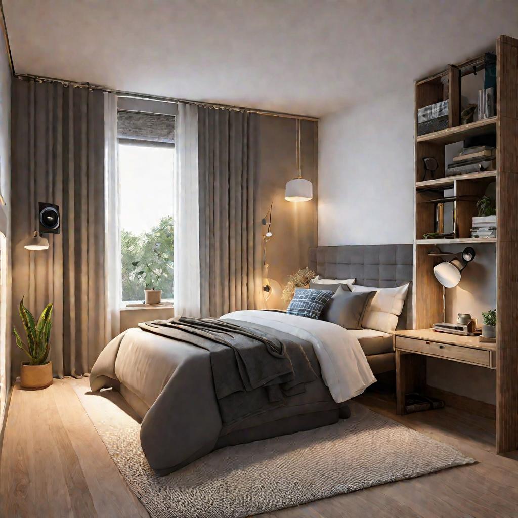Минималистская спальня подростка с большим серым изголовьем, белой кроватью и деревянным столом.