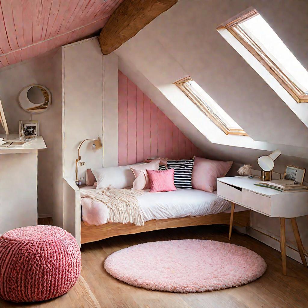 Мансардная спальня для подростка с розовыми акцентами
