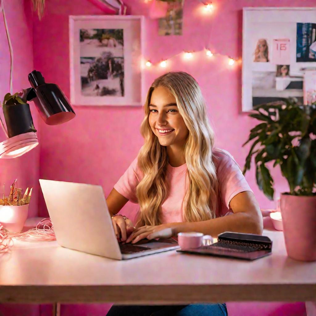 Подросток девочка сидит за столом в розовой комнате