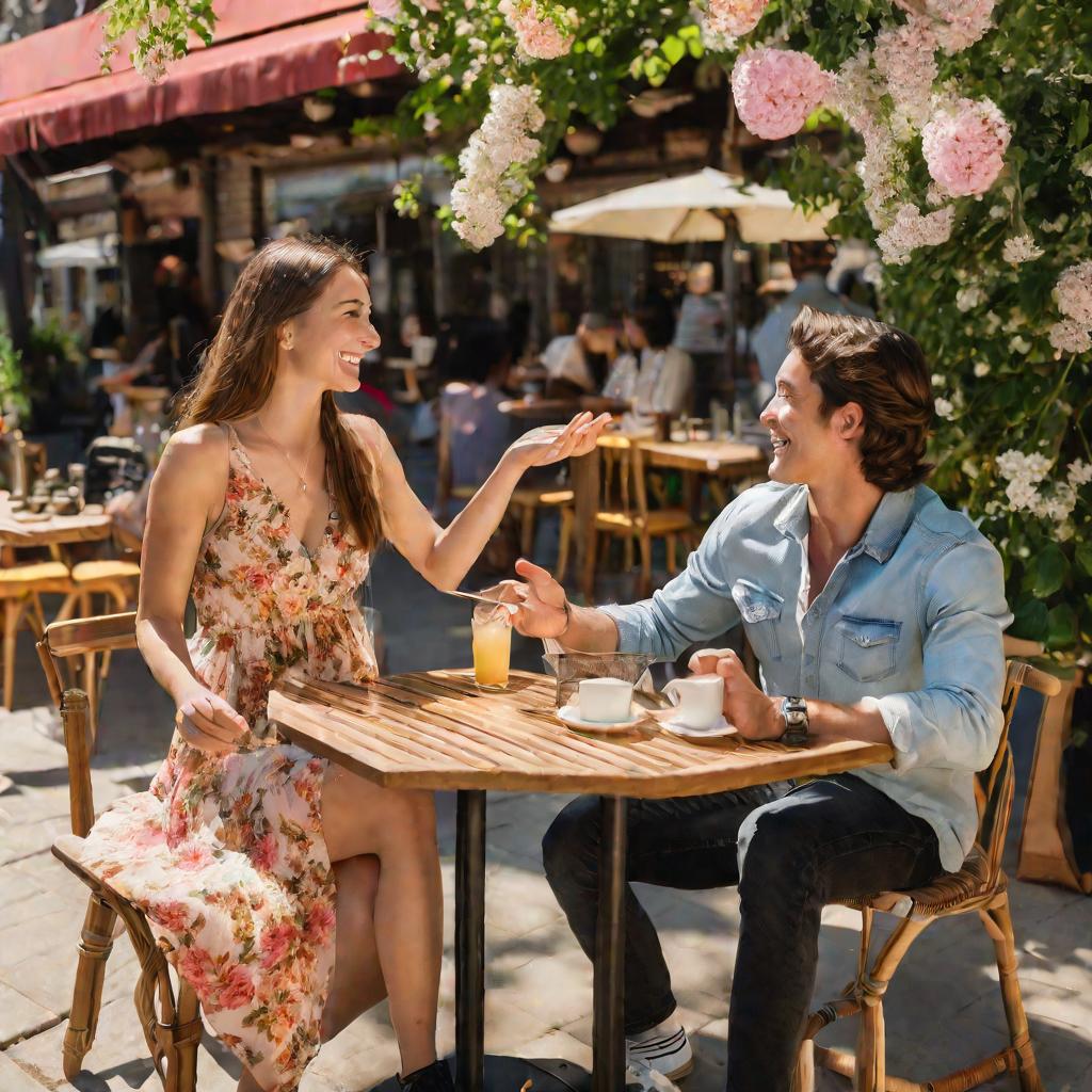 Парень и девушка сидят за столиком на улице