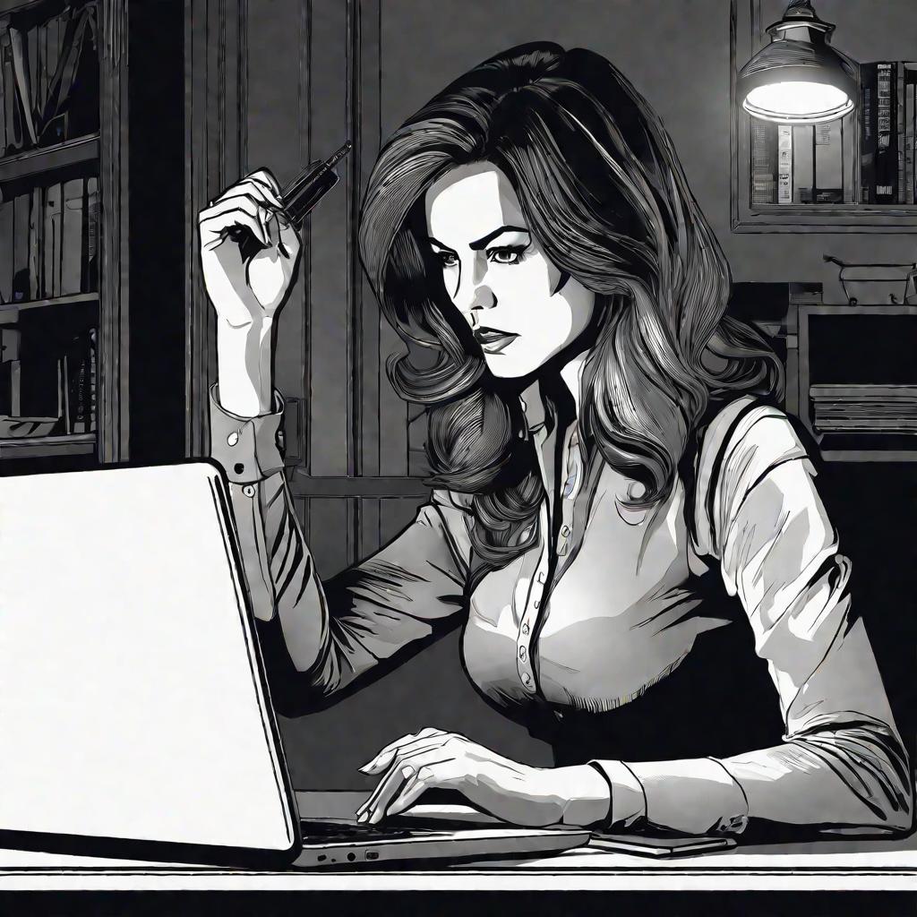 Женщина сосредоточенно смотрит на экран ноутбука, готовясь отменить подписку