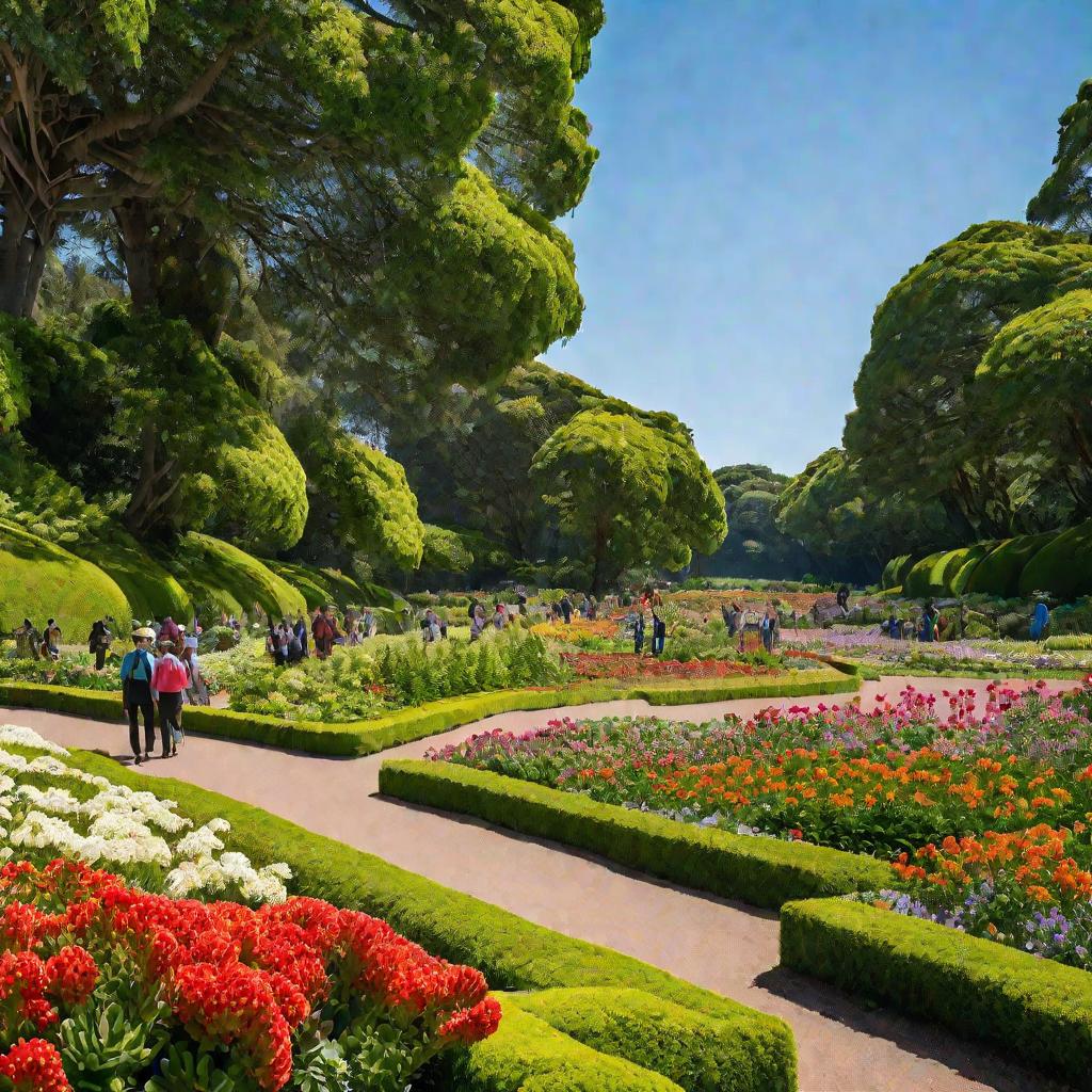 Панорамная фотография большого ботанического сада летом с рядами цветущих растений каланхоэ на переднем плане и людей, прогуливающихся по дорожкам среди пышной зелени на заднем плане под ярко-голубым небом.