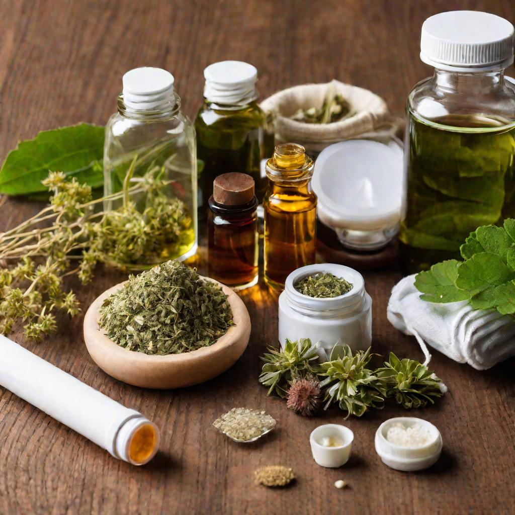 Крупным планом различные травяные лекарственные препараты из Каланхоэ на деревянном столе: баночки мазей, пузырьки сыворотки, пучки высушенных листьев
