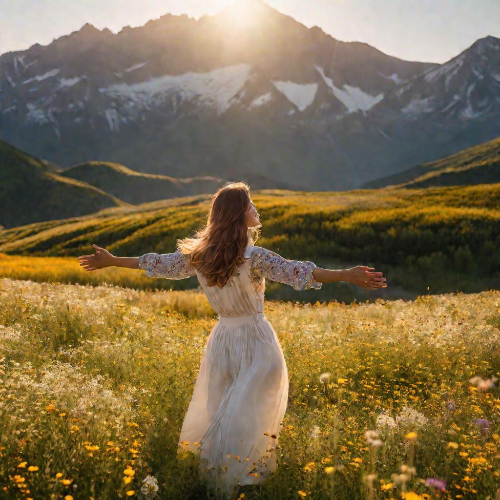 Женщина на фоне гор и цветов — фото передаст идею здорового образа жизни