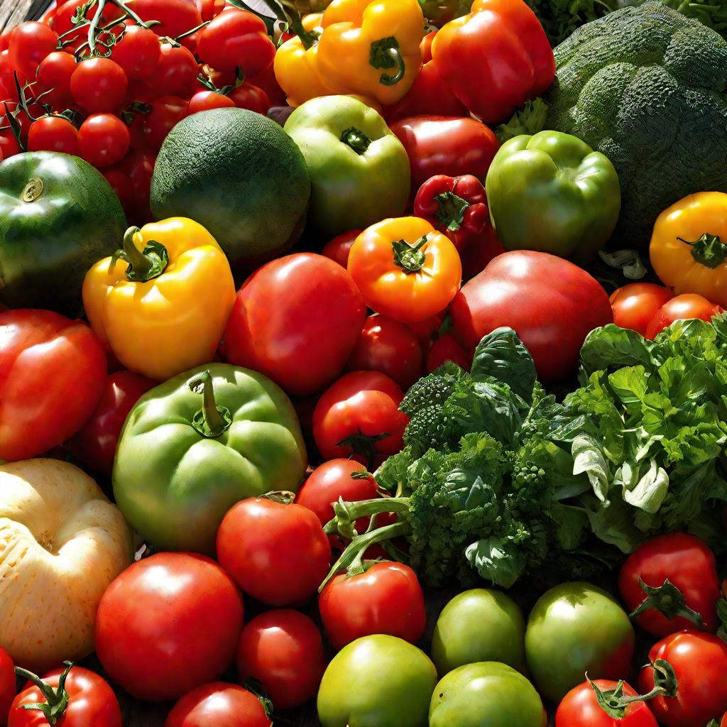 Свежие овощи и фрукты на рынке летом