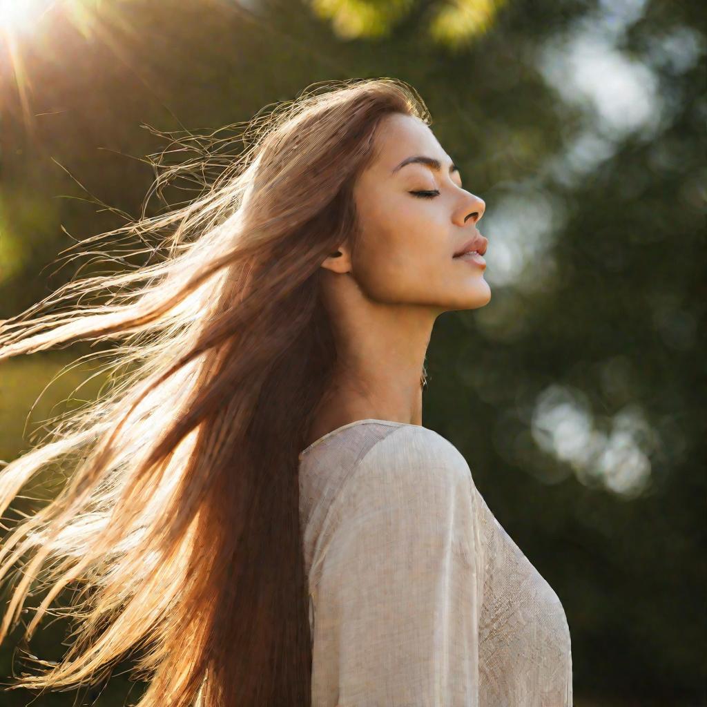 Женщина с красивыми волосами на солнце