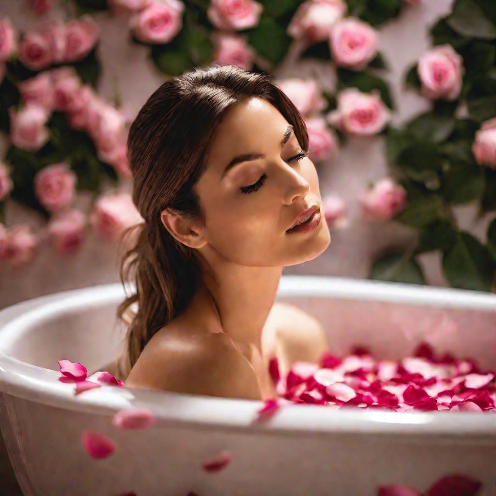 Женщина сидит в ванне с молоком и лепестками роз после эпиляции бикини