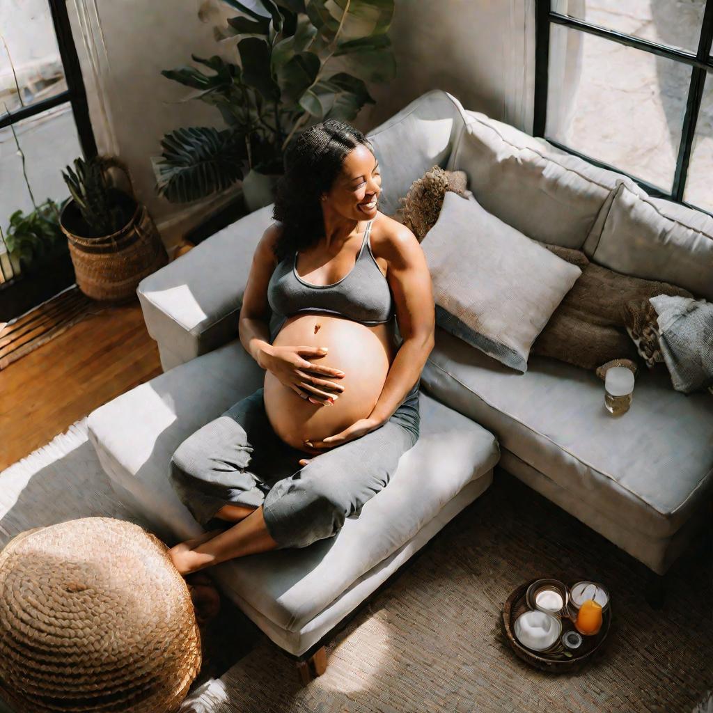 Беременная женщина держит живот и улыбается