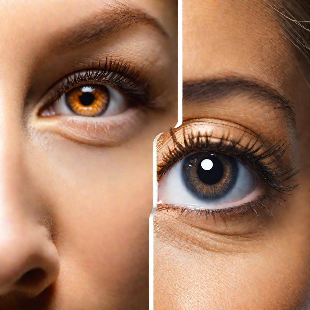 Очень крупный план глаза пациентки до и после лазерной шлифовки от морщин под глазами и «гусиных лапок» осенью в кабинете дерматолога