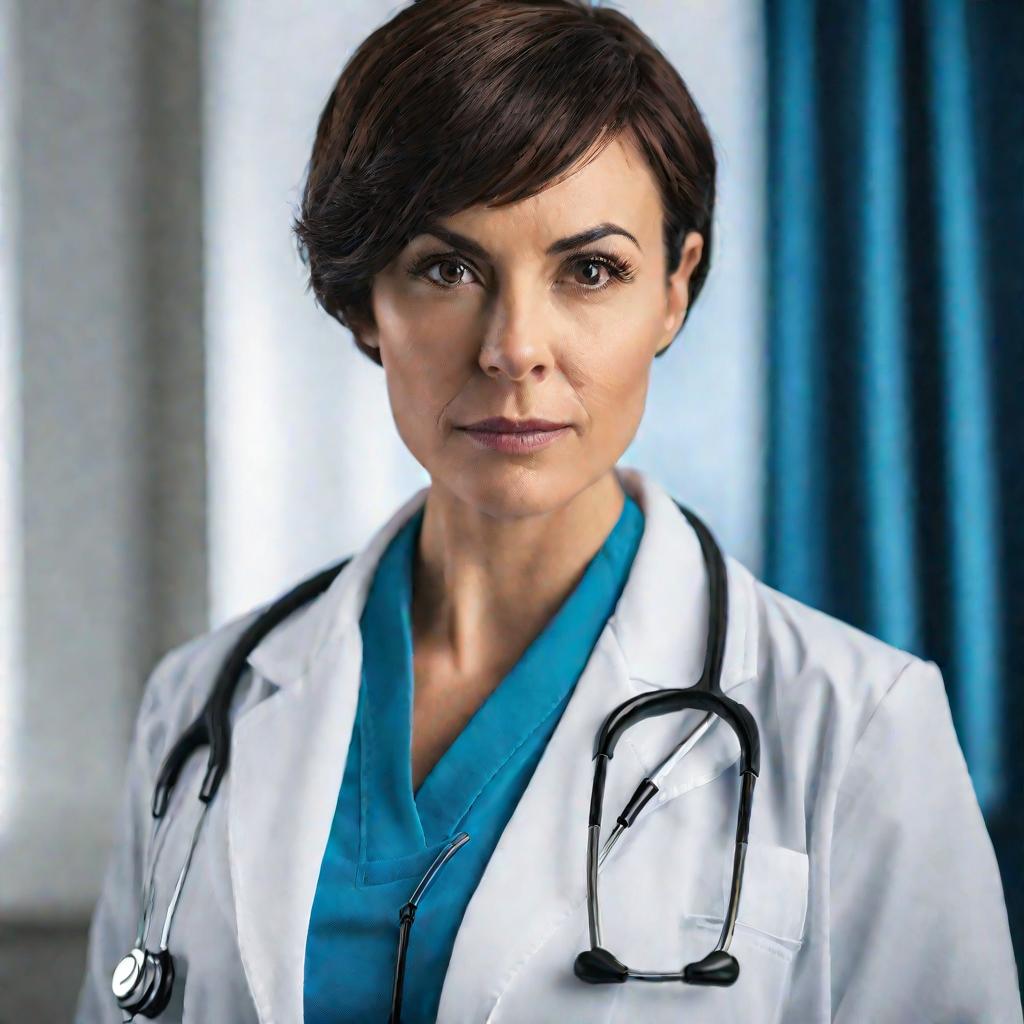 Крупный план портрета женщины с короткими волосами, смотрящей прямо в камеру с решительным выражением лица, одетой в белый врачебный халат, на фоне голубой шторы в медицинском кабинете.