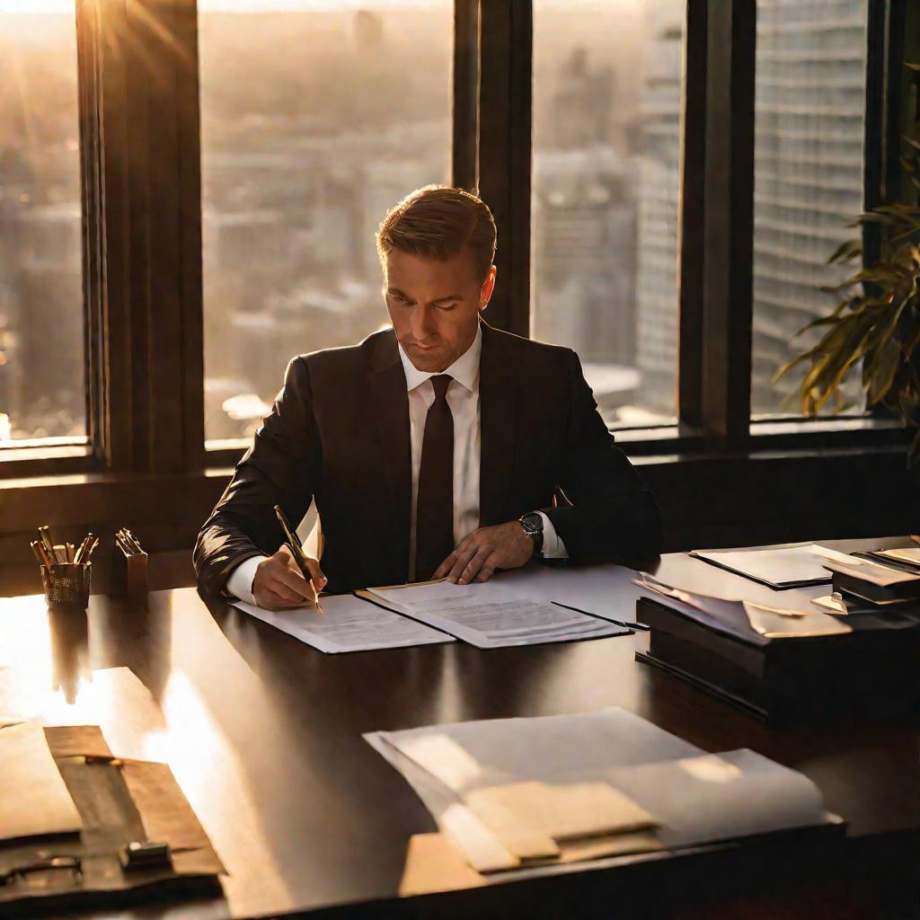 Бизнесмен в костюме подписывает документы в офисе на закате