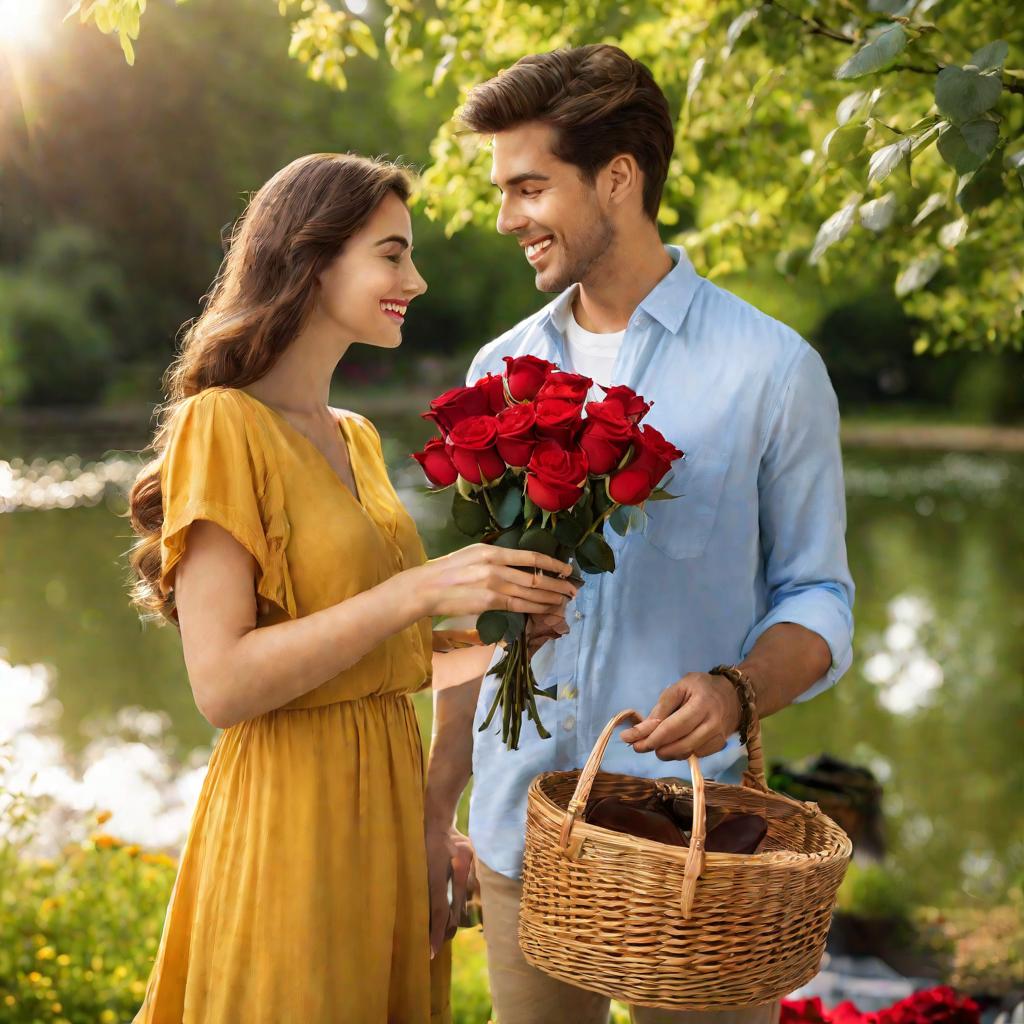 Парень дарит девушке розу в парке