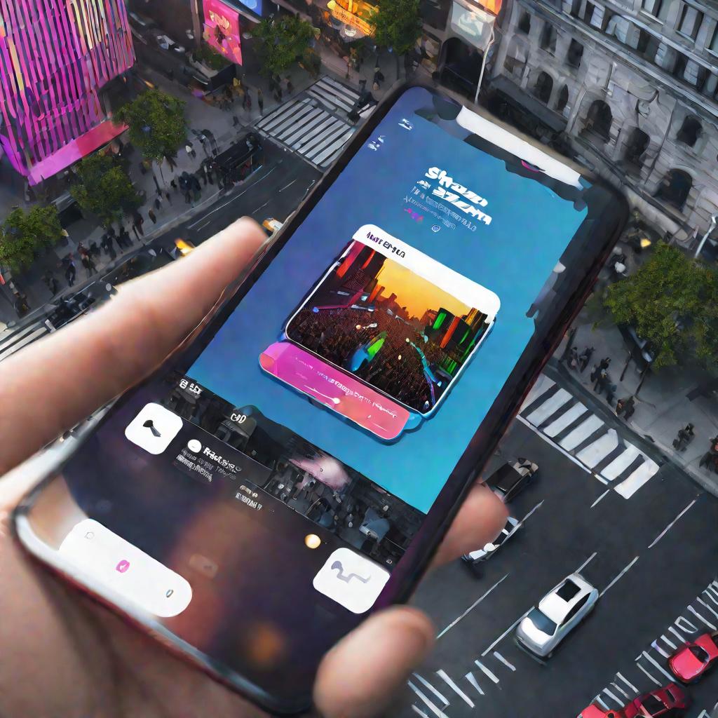 Телефон с приложением Шазам, распознающим мелодию песни на оживленной улице города